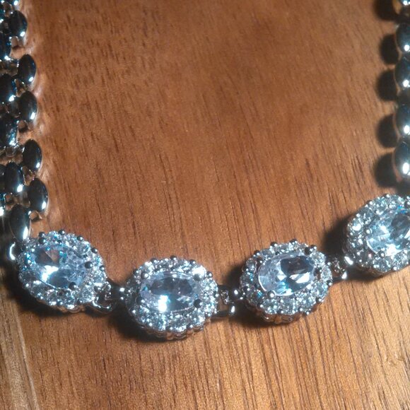 Simulated Blue and White Diamond Silvertone Brass Bracelet - Picture 3 of 15